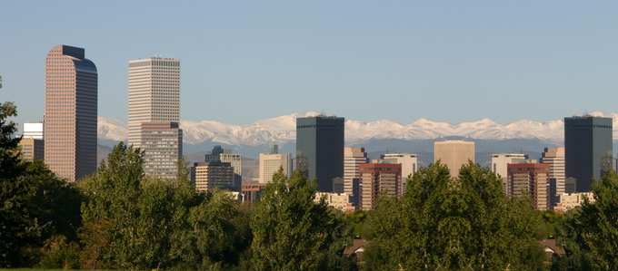 Denver skyline with Rocky Mountains
